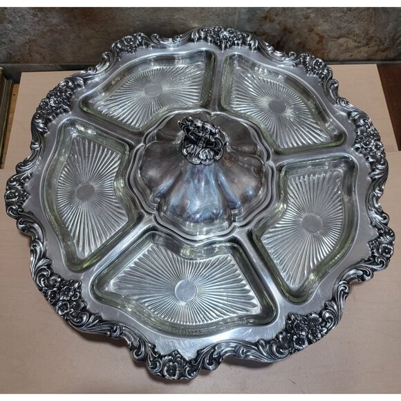 Vintage Silver Plated Lazy Susan Serving Platter 19" Turn Table Vegetable Dip C - Picture 13 of 13
